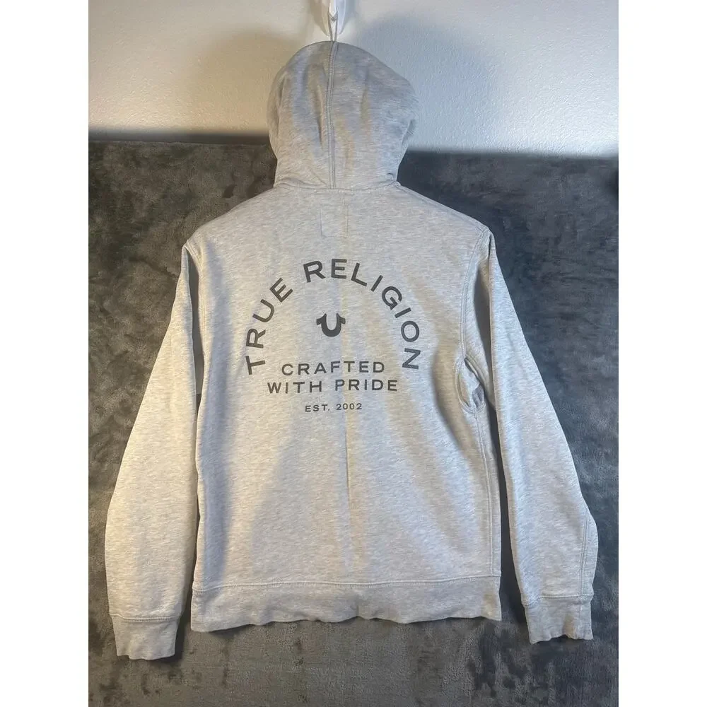True Religion Mens Zip Up Hoodie Medium Heather Grey Embroidered Horseshoe Logo